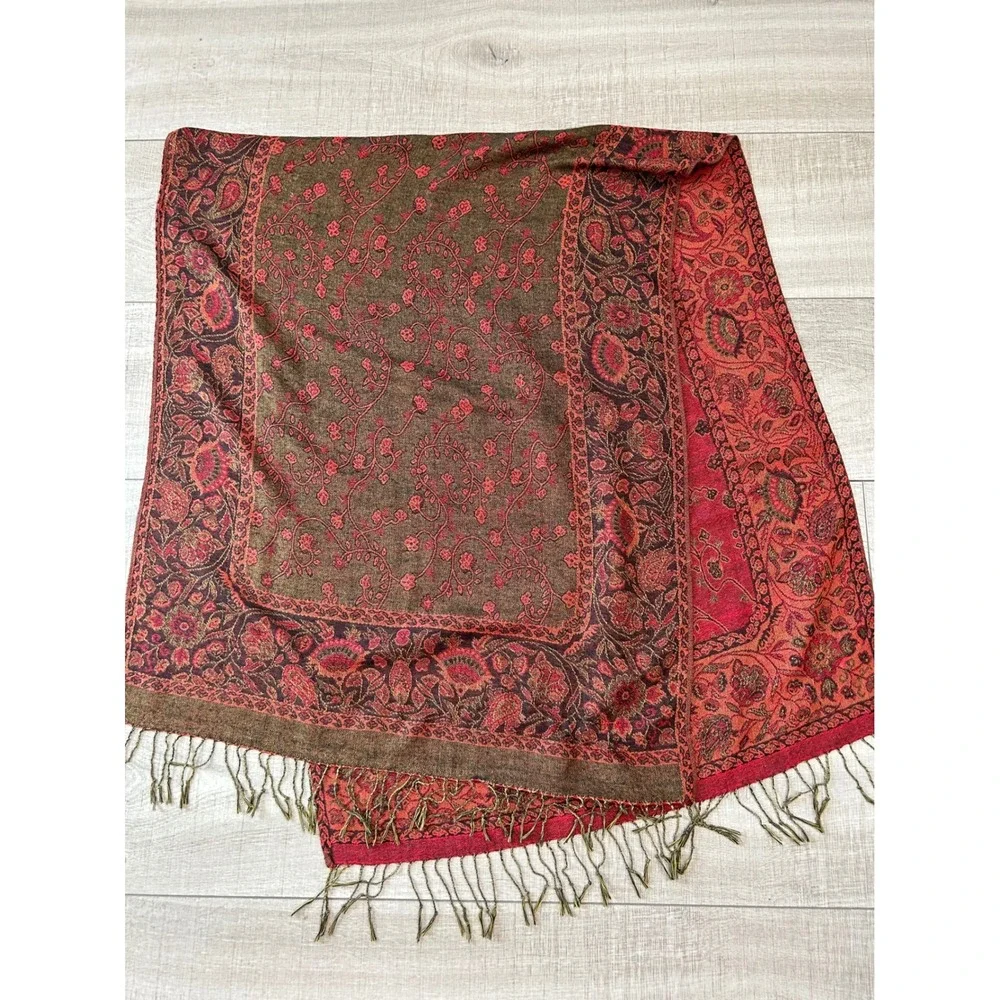 Red Brown Paisley Pashmina Shawl Reversible Fringe Wrap Scarf Bohemian Floral